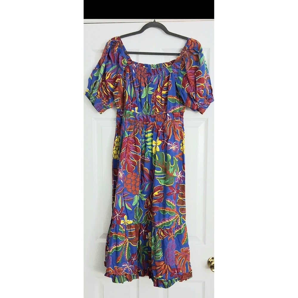 Indigo Rose Midi Dress Large Blue‎ Puff Sleeves Tropical Prairie Peasant Boho